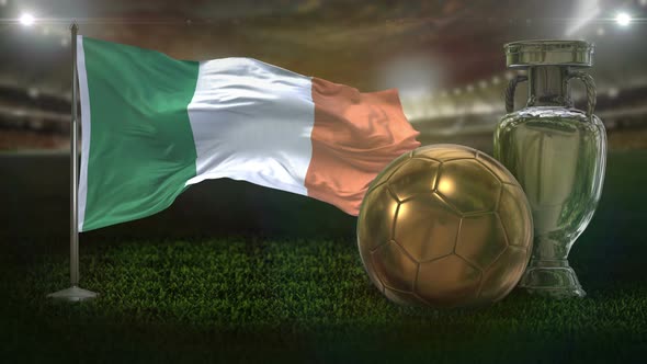 Ireland Flag With Football And Cup Background Loop