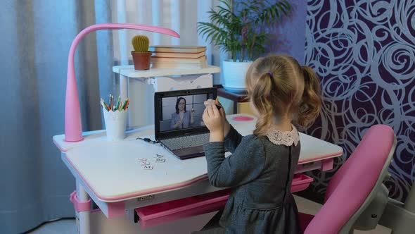 Child Girl Studying Homework with Woman Teacher on Laptop Computer During Online Lessons at Home