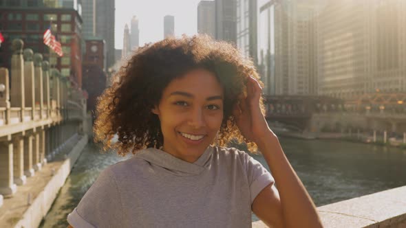 Portrait of an African American woman getting ready to workout in Chicago