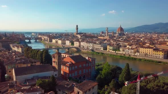 Aerial View Florence Ponte Vecchio Bridge and City Skyline in Italy