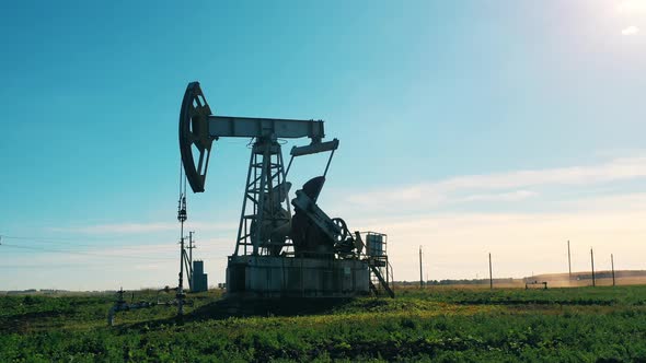 Modern Oil Pumpjack Working in a Filed in Daylight