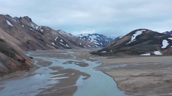 Aerial View of Krossa River Flowing Through Thorsmork Valley in Iceland