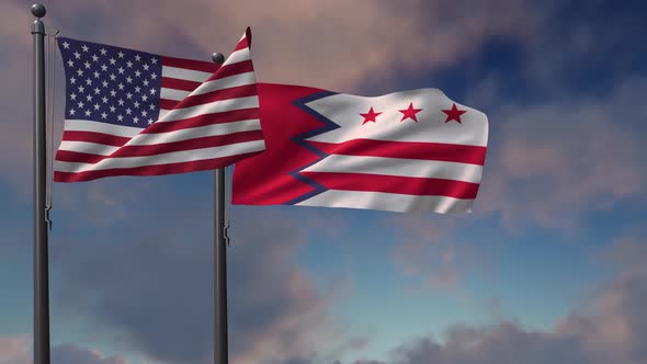 Washington, D.C City Flag Waving Along With The National Flag Of The USA - 4K