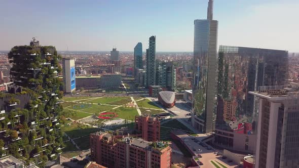 Milan City Skyline Aerial View Flying Towards Financial Area Skyscrapers