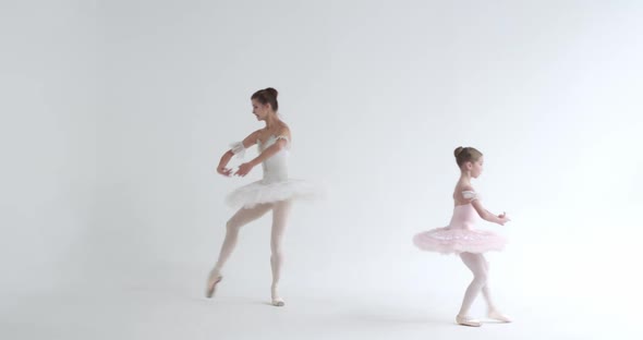 Female and a Little Girl in a White Tutu Dance Ballet and Perform Choreographic Elements on a White