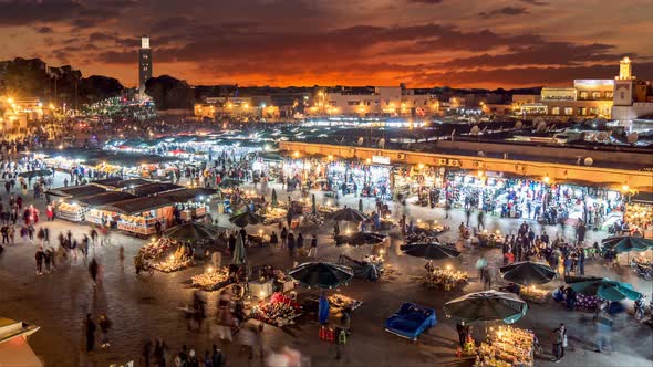 Time Lapse of Jamaa El Fna (Jemaa el-Fnaa) in the Evening