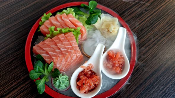 Flat Lay Top View on a Salmon Sashimi Dish