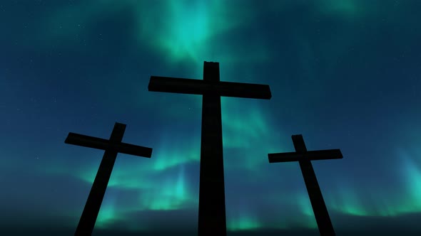 Three Crosses (Aurora Background Loop 4k)