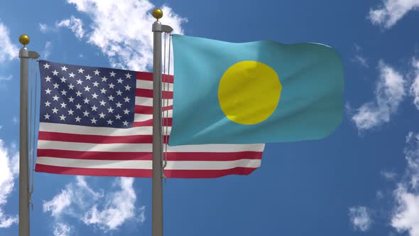 Usa Flag Vs Palau Flag On Flagpole