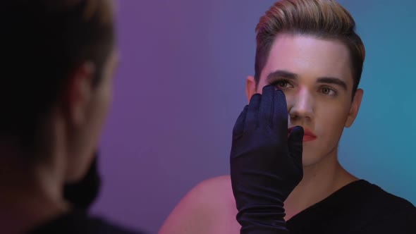 Satisfied Transgender Uncovering Makeup Half-Face, Gender Transformation, Lgbt