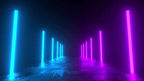 Moving forward a concrete corridor illuminated with blue and purple neon lights. 4K Video Animation