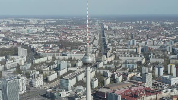 AERIAL: Wide View of Empty Berlin, Germany Alexanderplatz TV Tower with Almost No People or Cars on