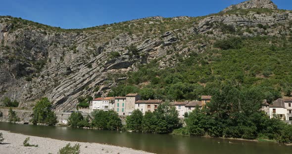 Anduze, Gard, Occitanie, France. The river Gardon in front of the city