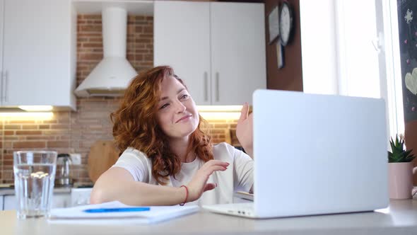 Woman Use Laptop Video Call App Chatting with Friend Remotely