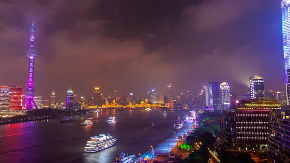 Shanghai River Urban Cityscape Aerial Skyline Panorama Timelapse at Night Zoom Out