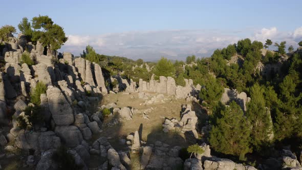 Stunning Aerial View of Rock Formations and Coniferous Forest at Mountains