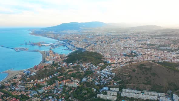 Malaga, Spain. A Panorama Shot By a Drone Over Malaga. City Buildings and Seaside View