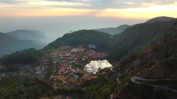 Aerial view of Manali township at sunset, India.