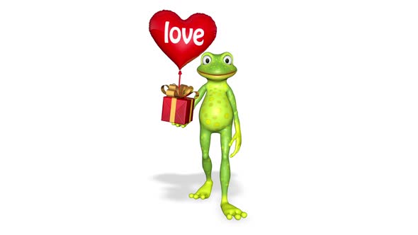 Frog Shows Gift Heart Balloon Looped White Background
