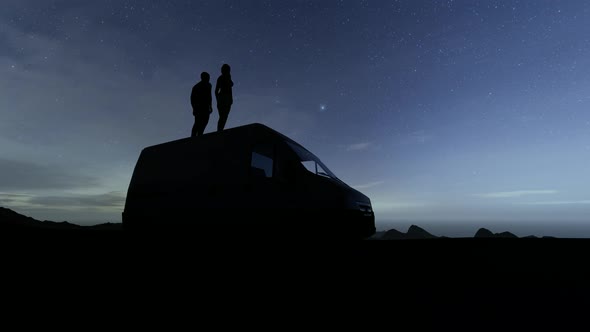 Loving Couple Stands By Car and Looks at the Starry Night