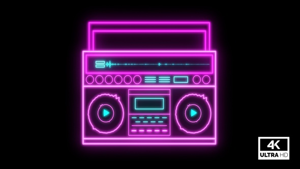 Animated Neon Radio Boombox Audio Spectrum Music Tape Recorder Background 4K