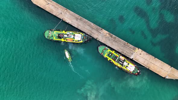 Tugboat to mooring Aerial View 4 K Turkey Alanya