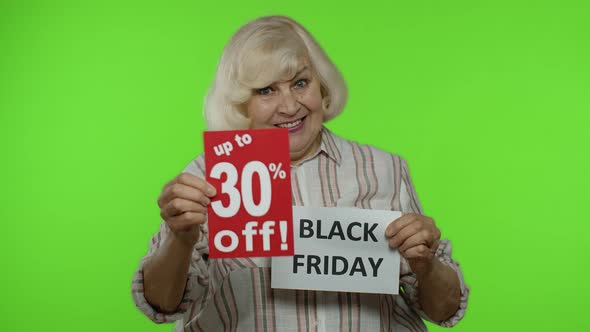 Senior Grandmother Showing Black Friday, 30 Percent Off Discount Advertisement Banners, Chroma Key