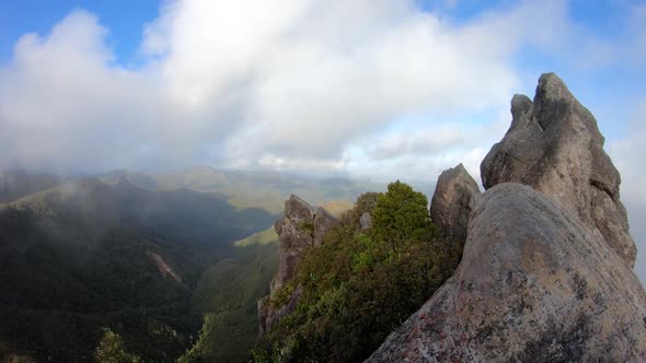 Time Lapse of clouds passing by the summit of the Pinnacles, Coromandel, New Zealand. Static, Wide A
