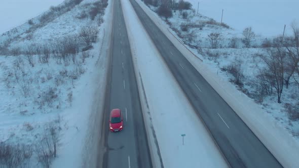 Red Car Snow Winter Road