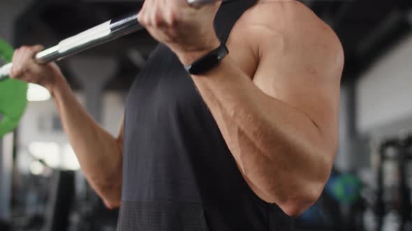 Closeup of Biceps an Athletic Man Training in Gym Lifting Barbell