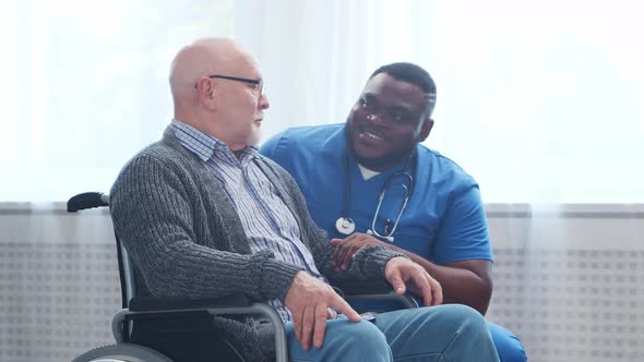 African-American caregiver and old disabled man in a wheelchair. Nurse and handicapped patient.