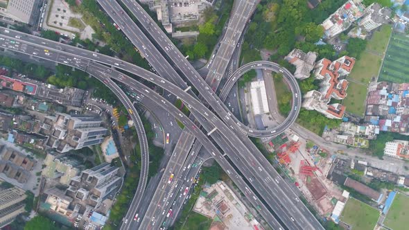 Complex Highway Interchange in Guangzhou, China. Aerial Vertical Top-Down View