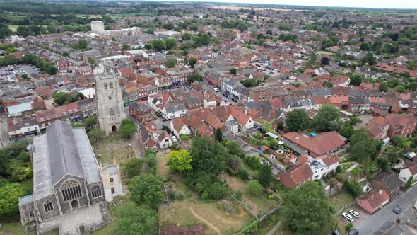 Beccles Bell Tower and St Michael's Church, Suffolk UK drone aerial view