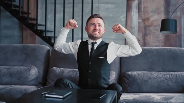 Headshot Portrait Smiling Confident Caucasian Male Businessman Standing Modern Office Dark Room