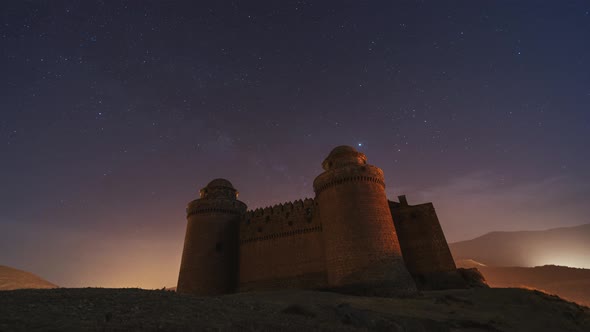 Scenic landscape of medieval castle in starry night