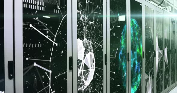 Network of connections forming a globe over server room alt