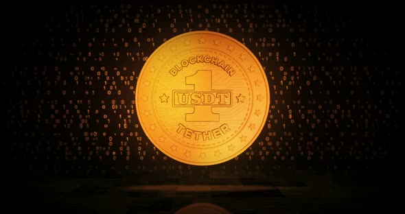 Tether cryptocurrency golden coin loop on digital background