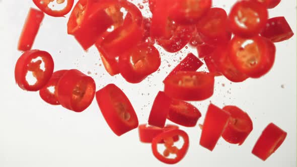 Super Slow Motion Pieces of Chilli Pepper Under Water