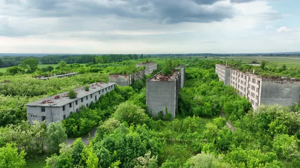 Aerial view of an abandoned housing estate in the village of Sarmellek in Hungary