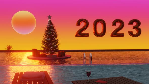 Christmas Vacation at the Pool on a Tropical Island Year 2023 Concept
