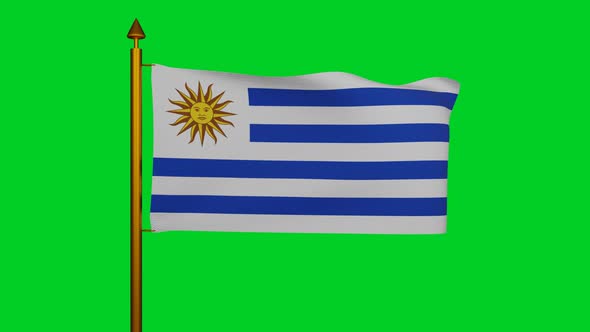 National flag of Uruguay waving with flagpole on chroma key, Oriental Republic Uruguay flag textile