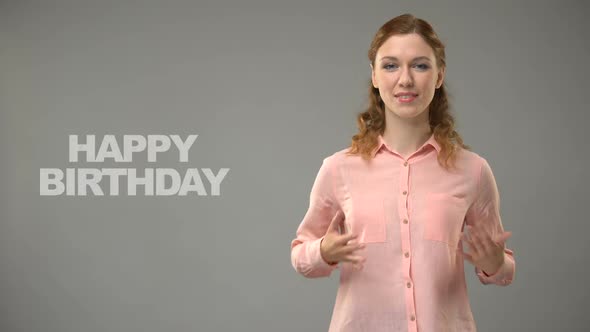 Woman Saying Happy Birthday in Asl, Text on Background, Communication for Deaf