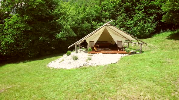 Tracking shot of a glamping tent in an eco camping in Slovenia.