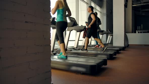 Low Angle View of Athletes Walking on Treadmills Indoor of Modern Gym