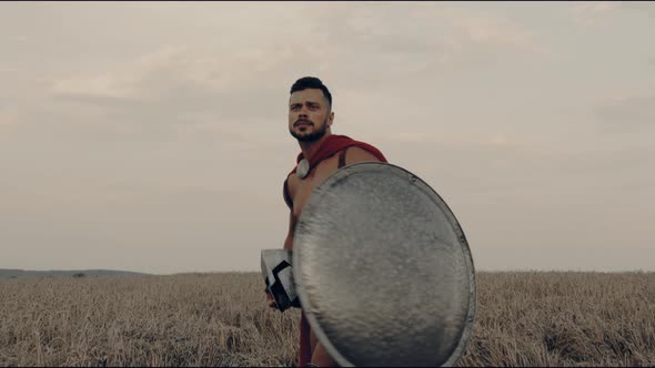 Spartan Walking in Dry Wheat Field.