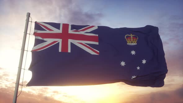 Victoria State Flag Australia Waving in the Wind Sky and Sun Background