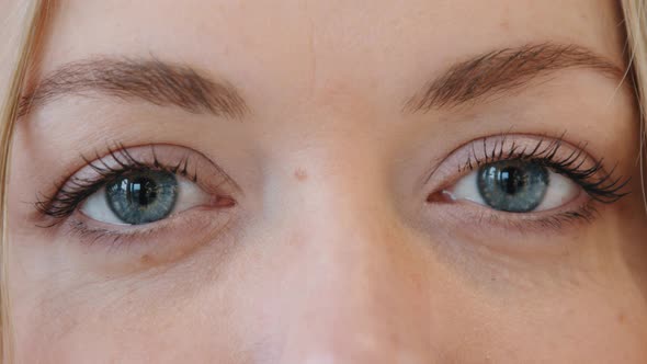 Closeup Blue Clear Female Eyes with Long Lashes with Mascara Natural Makeup Vision Problems Good