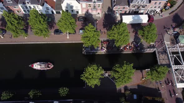 City Weesp in Holland topdown view at boat sailing trough city