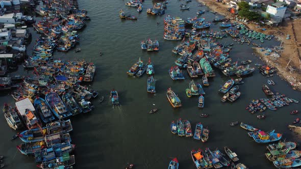 Overpopulated harbor with fishing boats in Vietnam, aerial viewLa Gi, Binh thuan, south vietnam