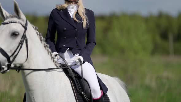 Confident Female Horse Rider is Training in Field Riding White Equine at Summer Day